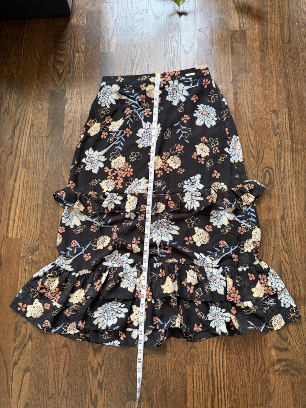 Marc New York Black Floral Ruffle Midi Skirt with Cream & Pink Blooms - Picture 2 of 6